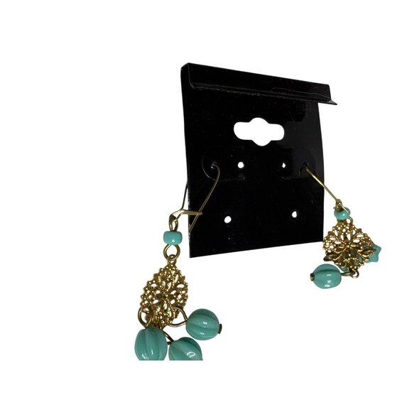 Gold Chain Necklace Drop Earrings Set Faux Turquoise Beads Vintage-Inspired - Picture 6 of 7